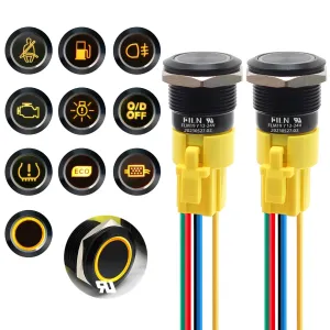 2PCS 19mm (3/4'') Latching Push Button Switch Latching 12V 24V DC On-Off with LED Symbol Head for Mounting Hole 1NO1NC with Wire Socket Plug Black Plated