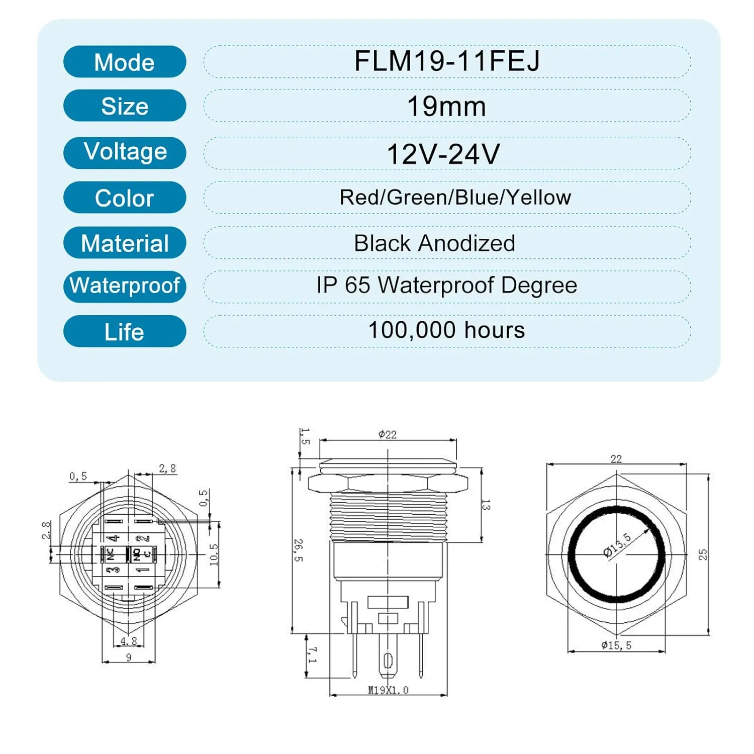 2PCS 19mm (3/4'') Latching Push Button Switch Latching 12V 24V DC On-Off with LED Symbol Head for Mounting Hole 1NO1NC with Wire Socket Plug Black Plated