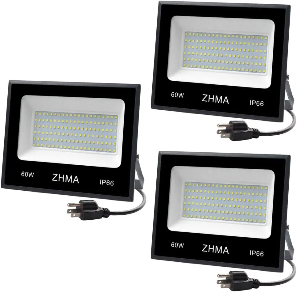 3 Pack 60W LED Flood Light with Plug(Warm White),6000lm Super Bright Security Lights, IP66 Waterproof Outdoor Landscape Floodlight for Back Yard, Garden, Playground
