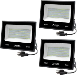 3 Pack 60W LED Flood Light with Plug(Warm White),6000lm Super Bright Security Lights, IP66 Waterproof Outdoor Landscape Floodlight for Back Yard, Garden, Playground