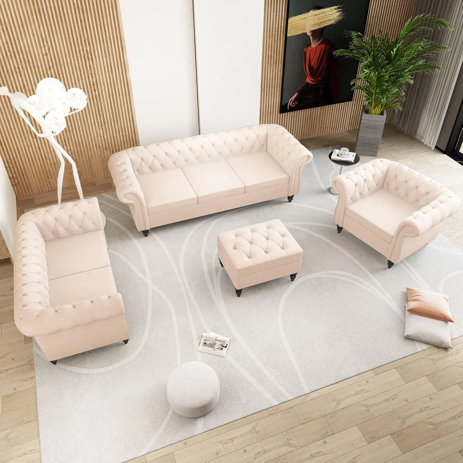 3 Piece Living Room Set, Chesterfield Velvet Sofa Loveseat Couch Chair with Scroll Arms and Nailhead for Living Room, Office (Beige, 1-2-3)