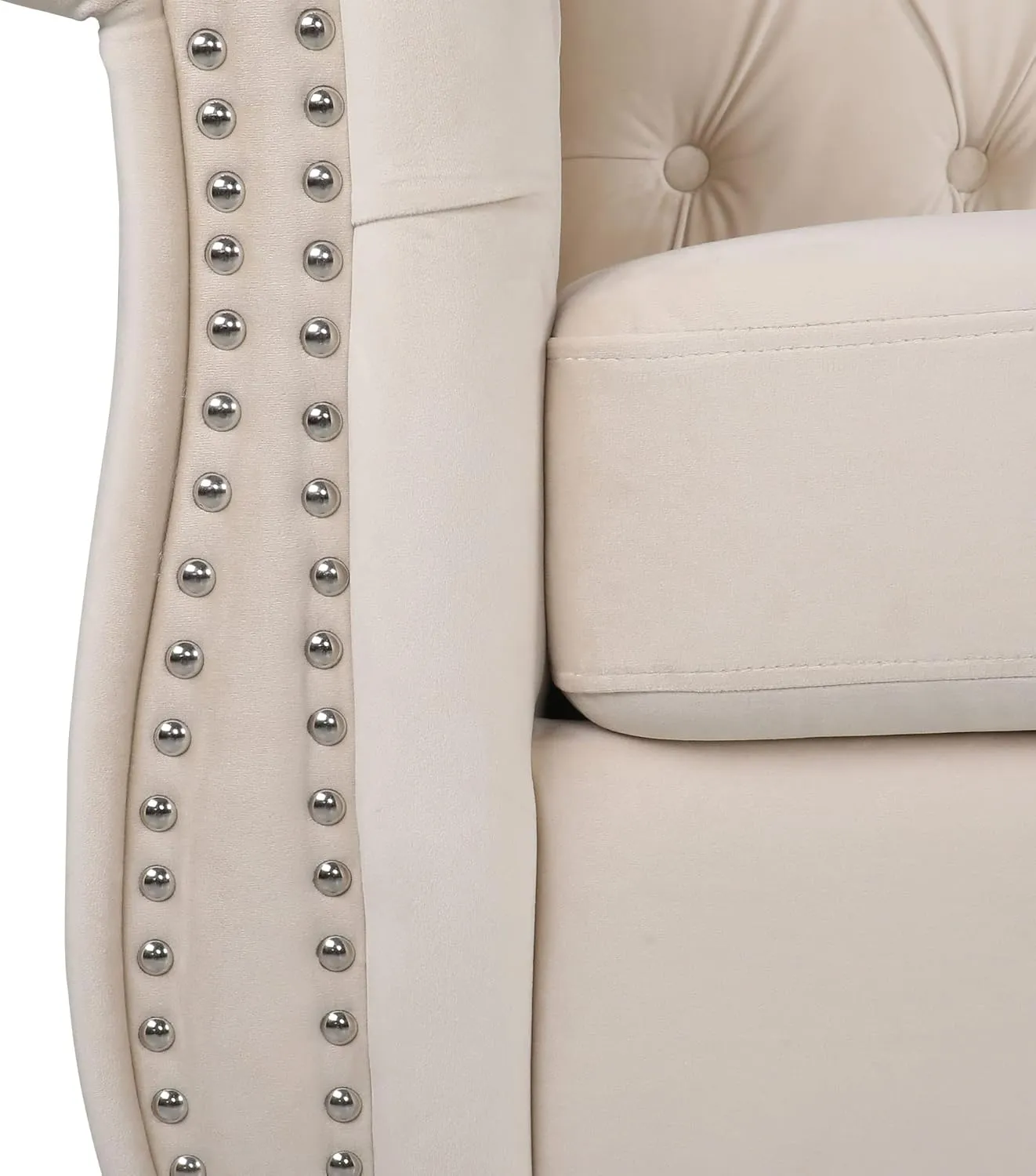 3 Piece Living Room Set, Chesterfield Velvet Sofa Loveseat Couch Chair with Scroll Arms and Nailhead for Living Room, Office (Beige, 1-2-3)