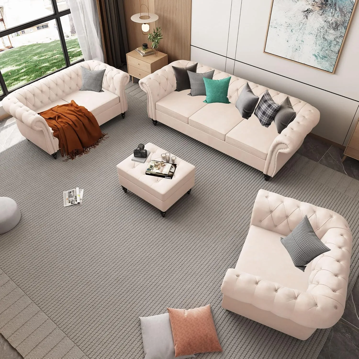 3 Piece Living Room Set, Chesterfield Velvet Sofa Loveseat Couch Chair with Scroll Arms and Nailhead for Living Room, Office (Beige, 1-2-3)