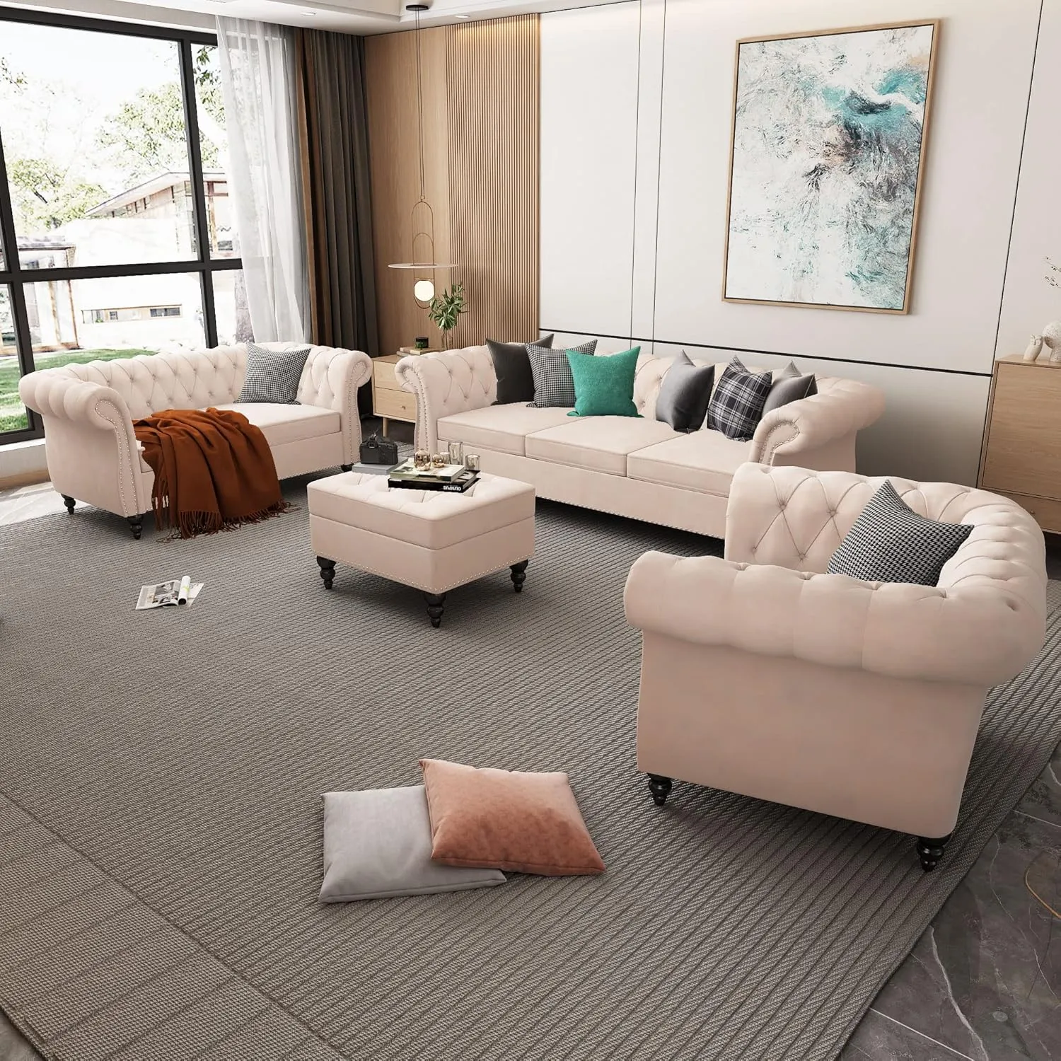 3 Piece Living Room Set, Chesterfield Velvet Sofa Loveseat Couch Chair with Scroll Arms and Nailhead for Living Room, Office (Beige, 1-2-3)