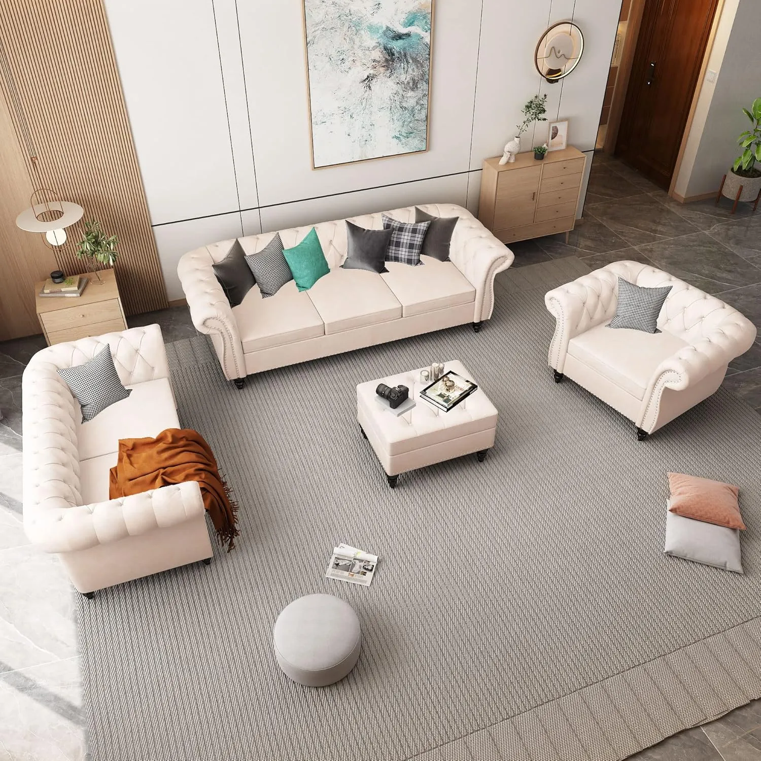 3 Piece Living Room Set, Chesterfield Velvet Sofa Loveseat Couch Chair with Scroll Arms and Nailhead for Living Room, Office (Beige, 1-2-3)