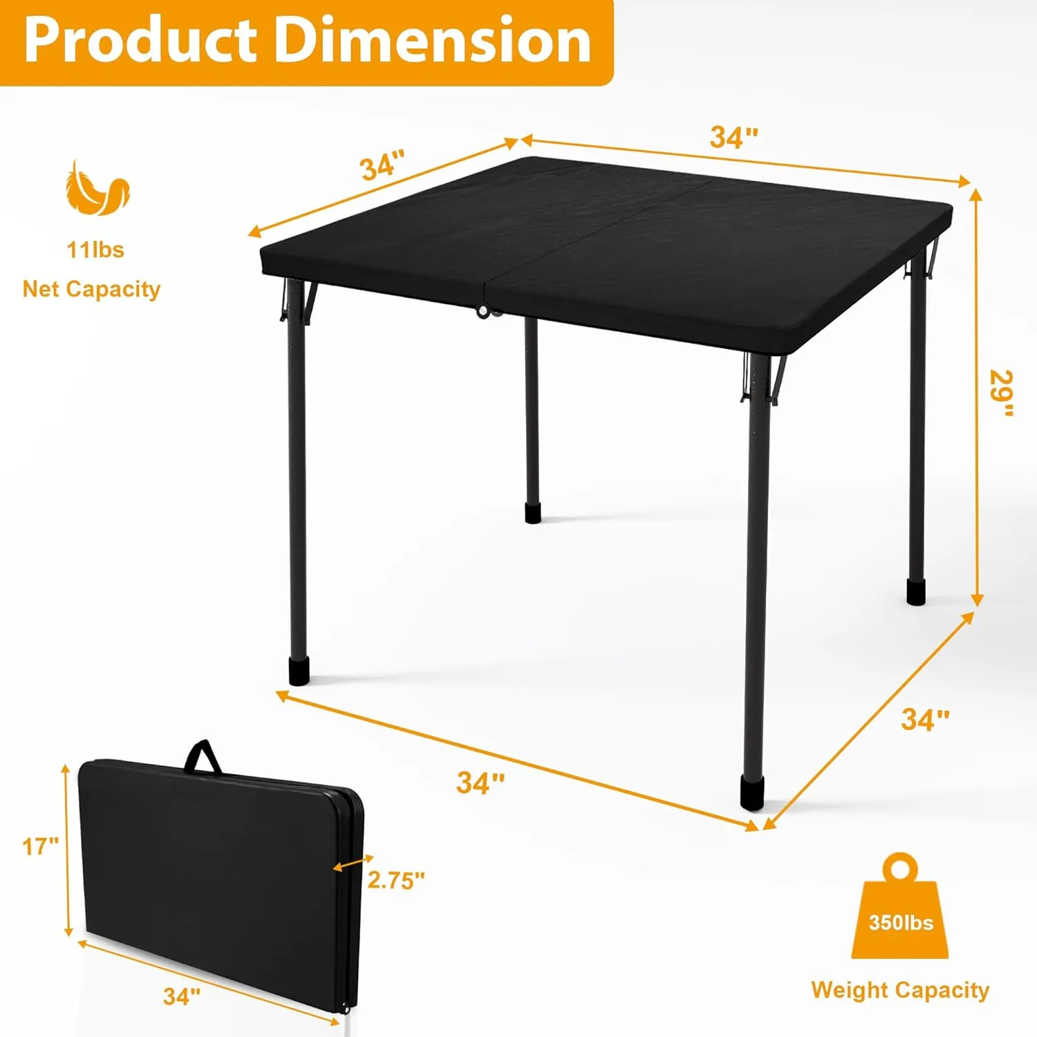 34" Folding Table, Portable Square Folding Card Table with Collapsible Legs & Carrying Handle, Plastic Tables for Camping,Picnic, Office, Party, Black