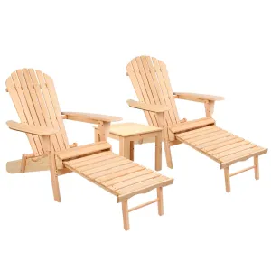 3PC Adirondack Foldable Outdoor Armchairs with Leg Rest - Natural