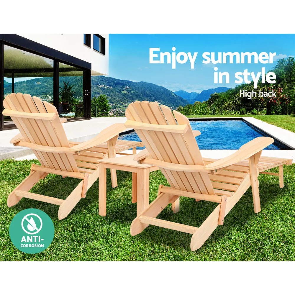 3PC Adirondack Foldable Outdoor Armchairs with Leg Rest - Natural