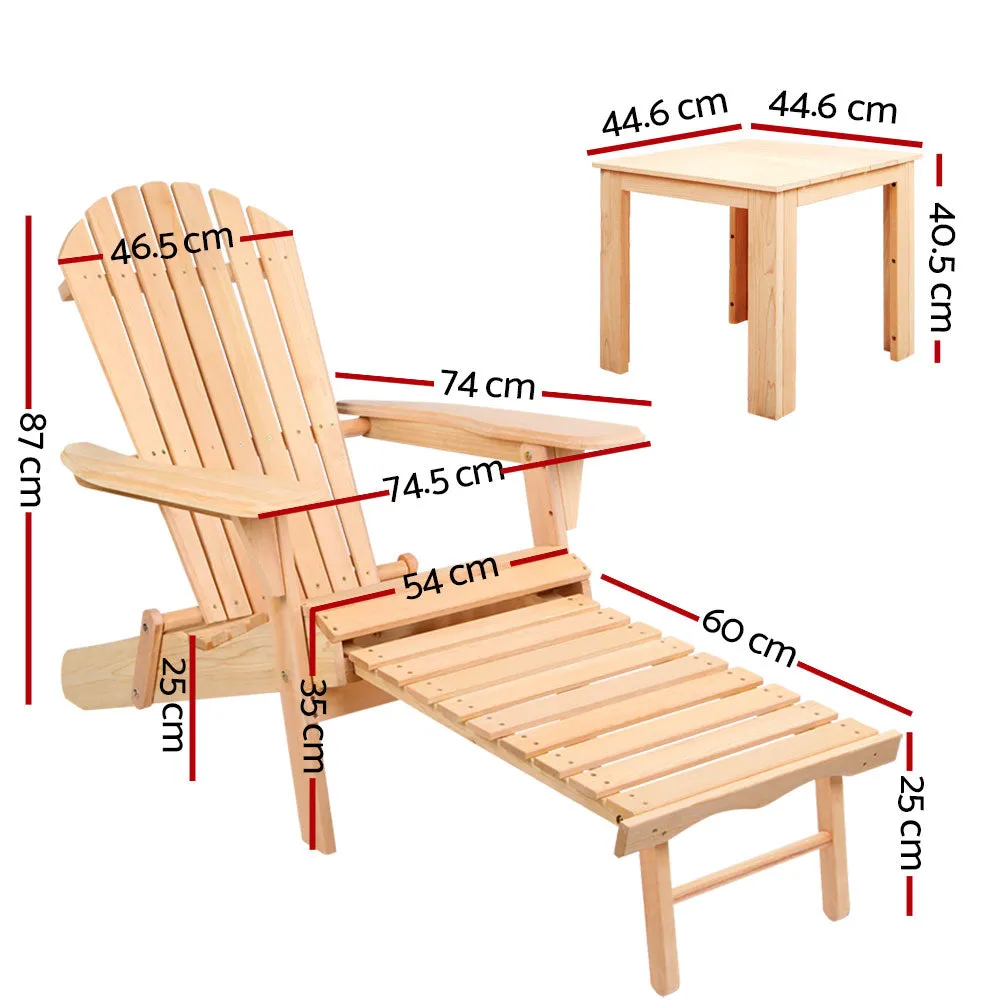 3PC Adirondack Foldable Outdoor Armchairs with Leg Rest - Natural