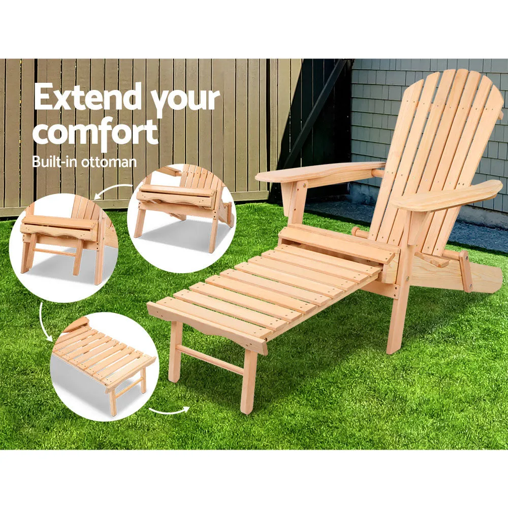3PC Adirondack Foldable Outdoor Armchairs with Leg Rest - Natural