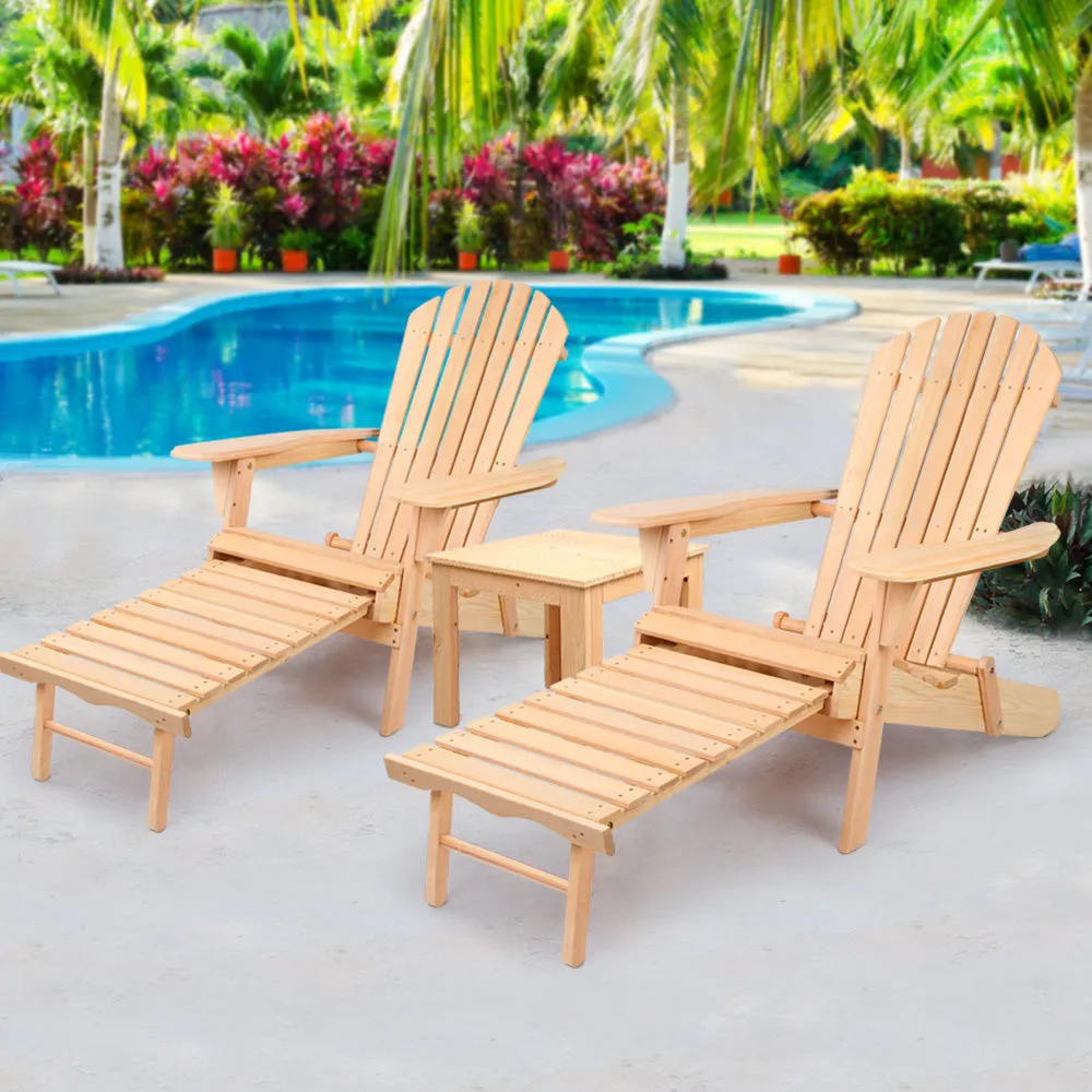 3PC Adirondack Foldable Outdoor Armchairs with Leg Rest - Natural