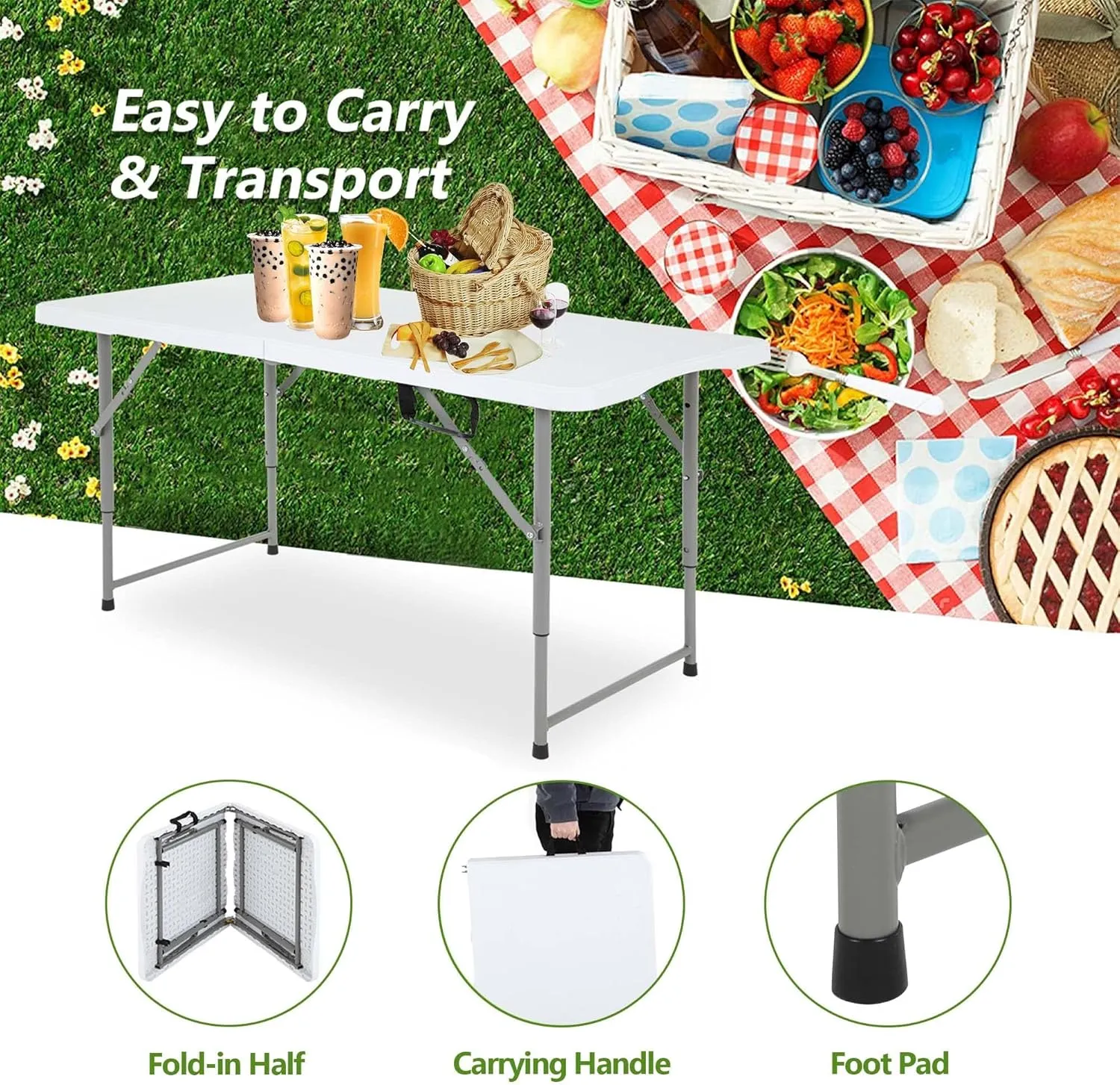 4 Ft White Folding Table, Portable Table Camping Table Outdoor Collapsible Dinner Table, Outdoor Tables for Patio Yard Wedding Party Cocktail Display