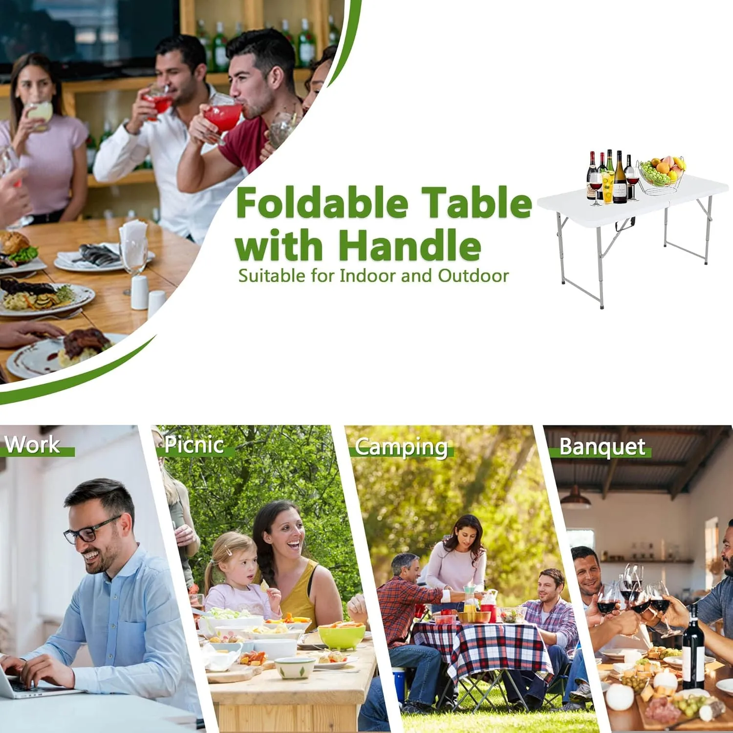 4 Ft White Folding Table, Portable Table Camping Table Outdoor Collapsible Dinner Table, Outdoor Tables for Patio Yard Wedding Party Cocktail Display