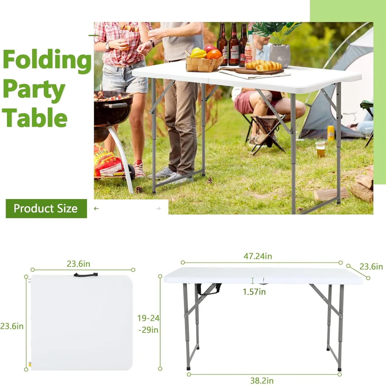 4 Ft White Folding Table, Portable Table Camping Table Outdoor Collapsible Dinner Table, Outdoor Tables for Patio Yard Wedding Party Cocktail Display