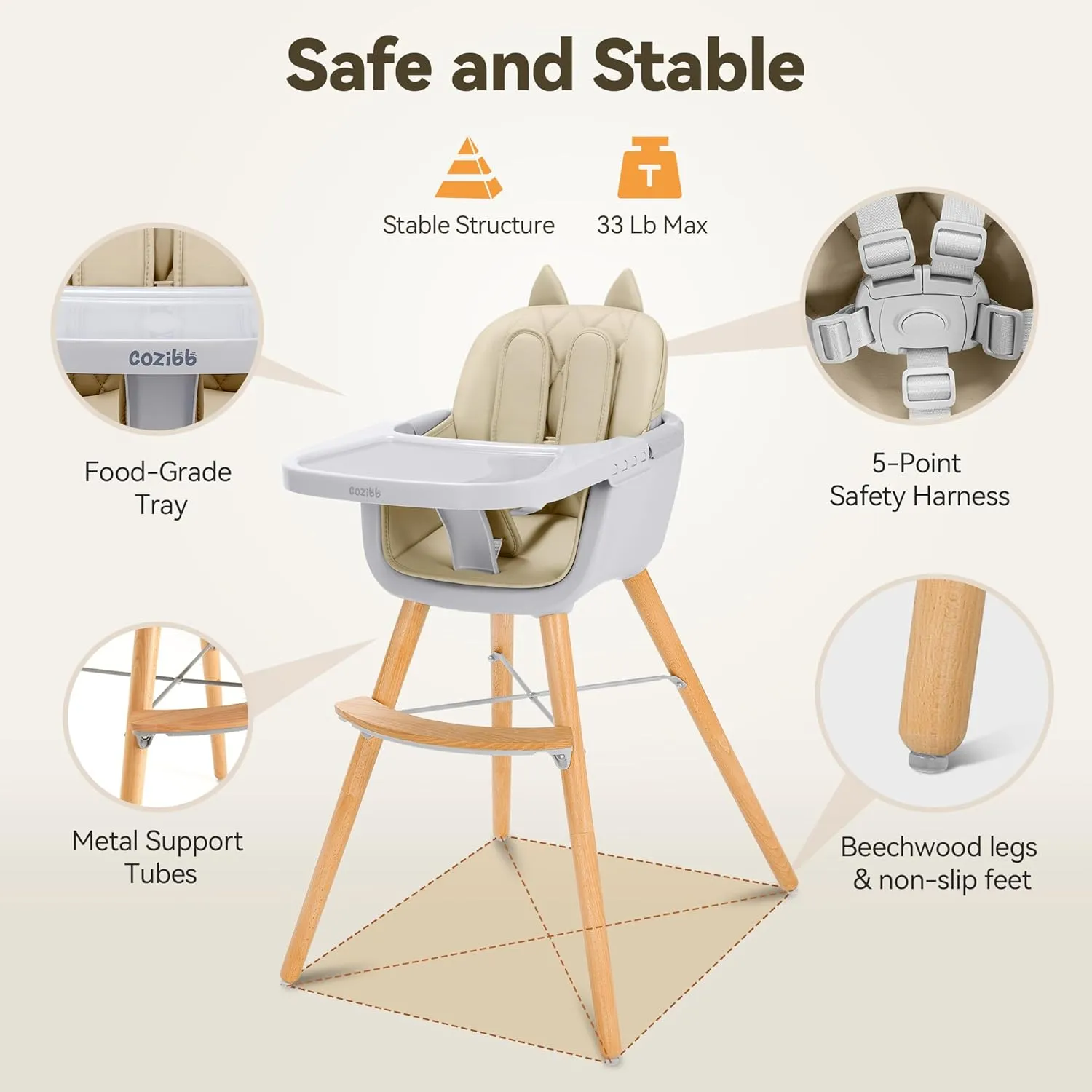 4-in-1 Baby High Chair, Convertible Easy-to-Clean Wooden Highchair for Infant, Kids& Children, 3 Position Tray, Leatherette Seat, Modern and Compact Design, Beige