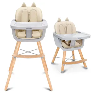 4-in-1 Baby High Chair, Convertible Easy-to-Clean Wooden Highchair for Infant, Kids& Children, 3 Position Tray, Leatherette Seat, Modern and Compact Design, Beige