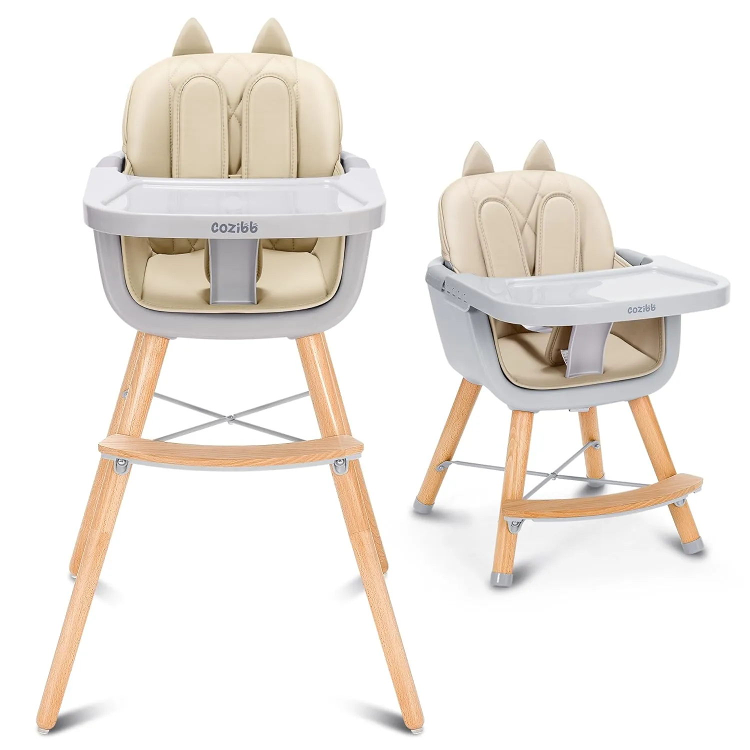 4-in-1 Baby High Chair, Convertible Easy-to-Clean Wooden Highchair for Infant, Kids& Children, 3 Position Tray, Leatherette Seat, Modern and Compact Design, Beige