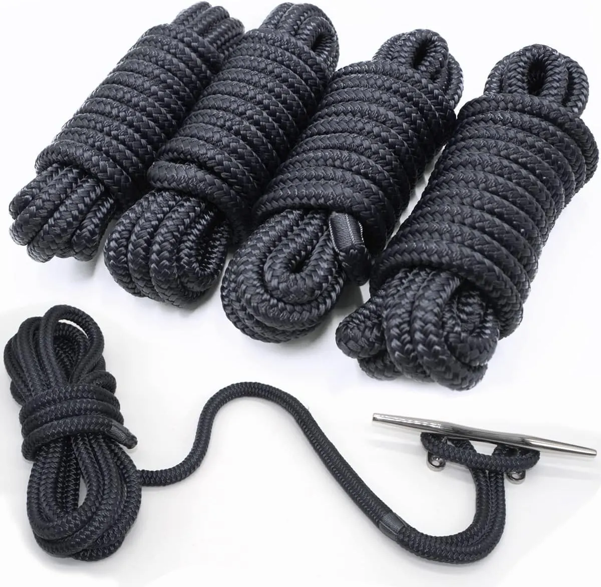 4 Pack 1/2” X 15’ Dock Lines|Marine-Grade Double-Braided Nylon Dock Line with 12” Eyelet.Hi-Performance Boat Rope Mooring Rope Black Dock Line