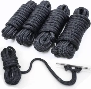 4 Pack 1/2” X 15’ Dock Lines|Marine-Grade Double-Braided Nylon Dock Line with 12” Eyelet.Hi-Performance Boat Rope Mooring Rope Black Dock Line