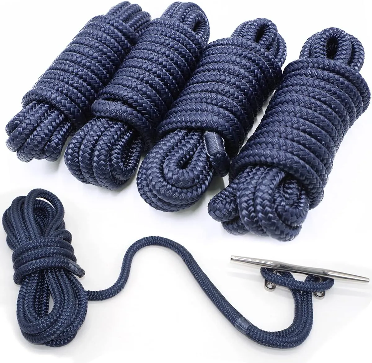 4 Pack 1/2” X 15’ Dock Lines|Marine-Grade Double-Braided Nylon Dock Line with 12” Eyelet.Hi-Performance Boat Rope Mooring Rope Dock Line Navy Blue