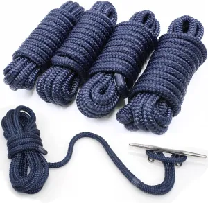 4 Pack 1/2” X 15’ Dock Lines|Marine-Grade Double-Braided Nylon Dock Line with 12” Eyelet.Hi-Performance Boat Rope Mooring Rope Dock Line Navy Blue