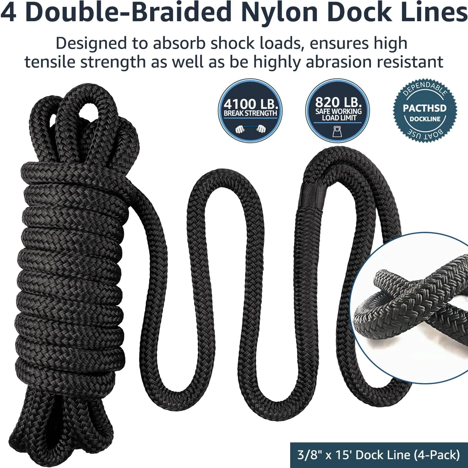 4 Pack Dock Lines 3/8" x 15' - Marine Grade Nylon Boat Ropes with 12" Eyelet for Docking and Mooring - Double Braided Boat Lines, High Strength, Easy Handling, Fray Resistant - Black