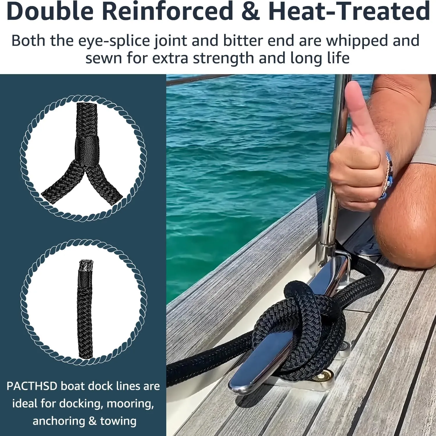 4 Pack Dock Lines 3/8" x 15' - Marine Grade Nylon Boat Ropes with 12" Eyelet for Docking and Mooring - Double Braided Boat Lines, High Strength, Easy Handling, Fray Resistant - Black