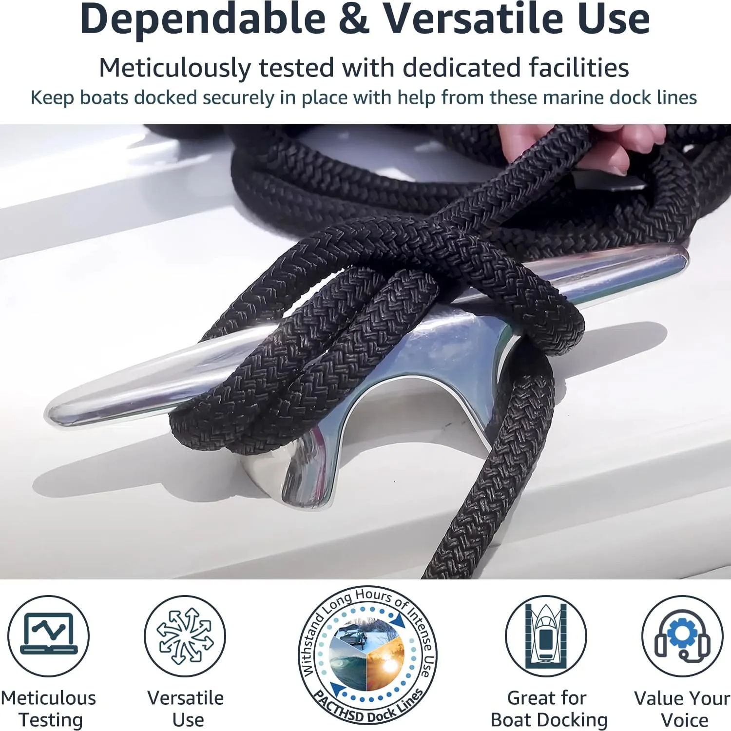 4 Pack Dock Lines 3/8" x 15' - Marine Grade Nylon Boat Ropes with 12" Eyelet for Docking and Mooring - Double Braided Boat Lines, High Strength, Easy Handling, Fray Resistant - Black