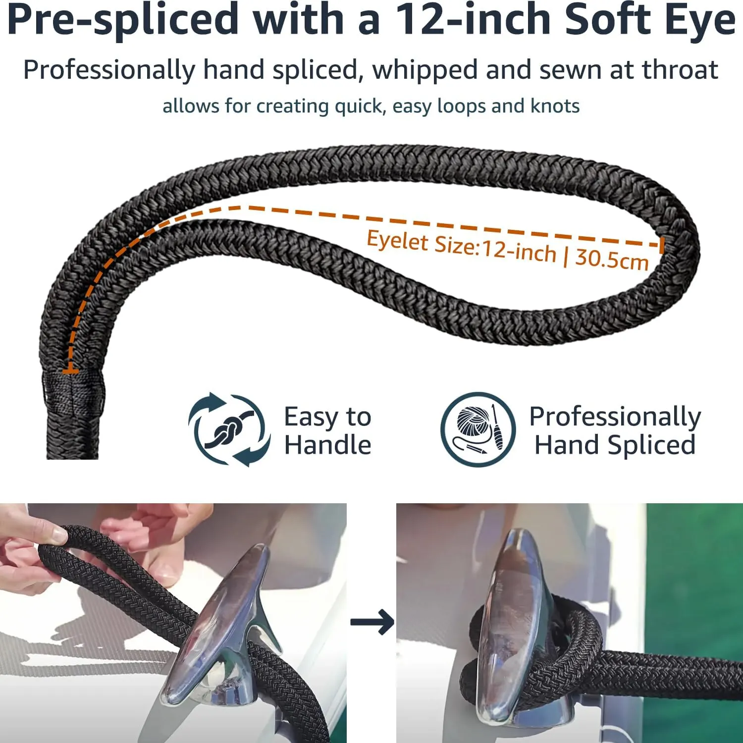 4 Pack Dock Lines 3/8" x 15' - Marine Grade Nylon Boat Ropes with 12" Eyelet for Docking and Mooring - Double Braided Boat Lines, High Strength, Easy Handling, Fray Resistant - Black