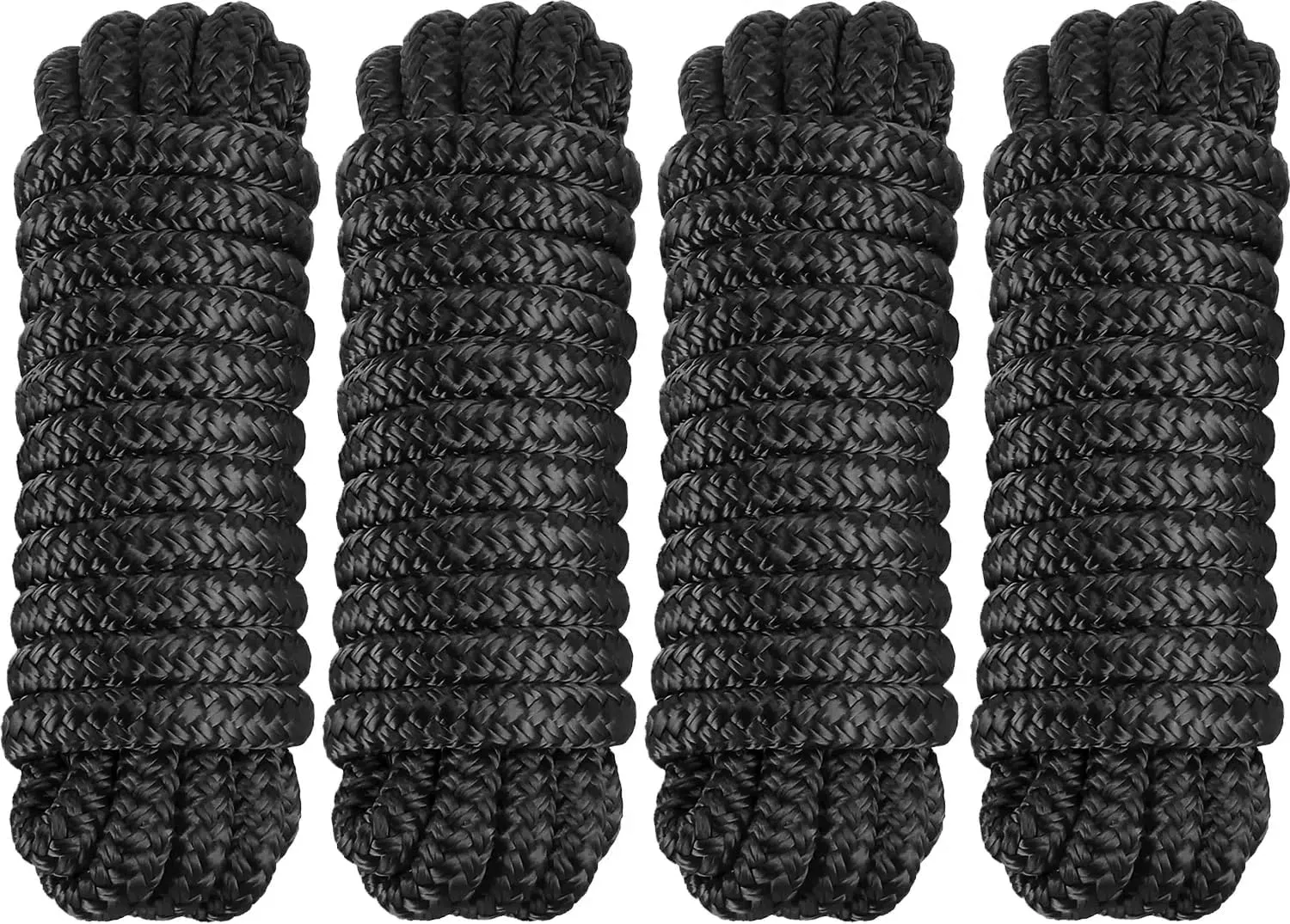 4 Pack Dock Lines 3/8" x 15' - Marine Grade Nylon Boat Ropes with 12" Eyelet for Docking and Mooring - Double Braided Boat Lines, High Strength, Easy Handling, Fray Resistant - Black