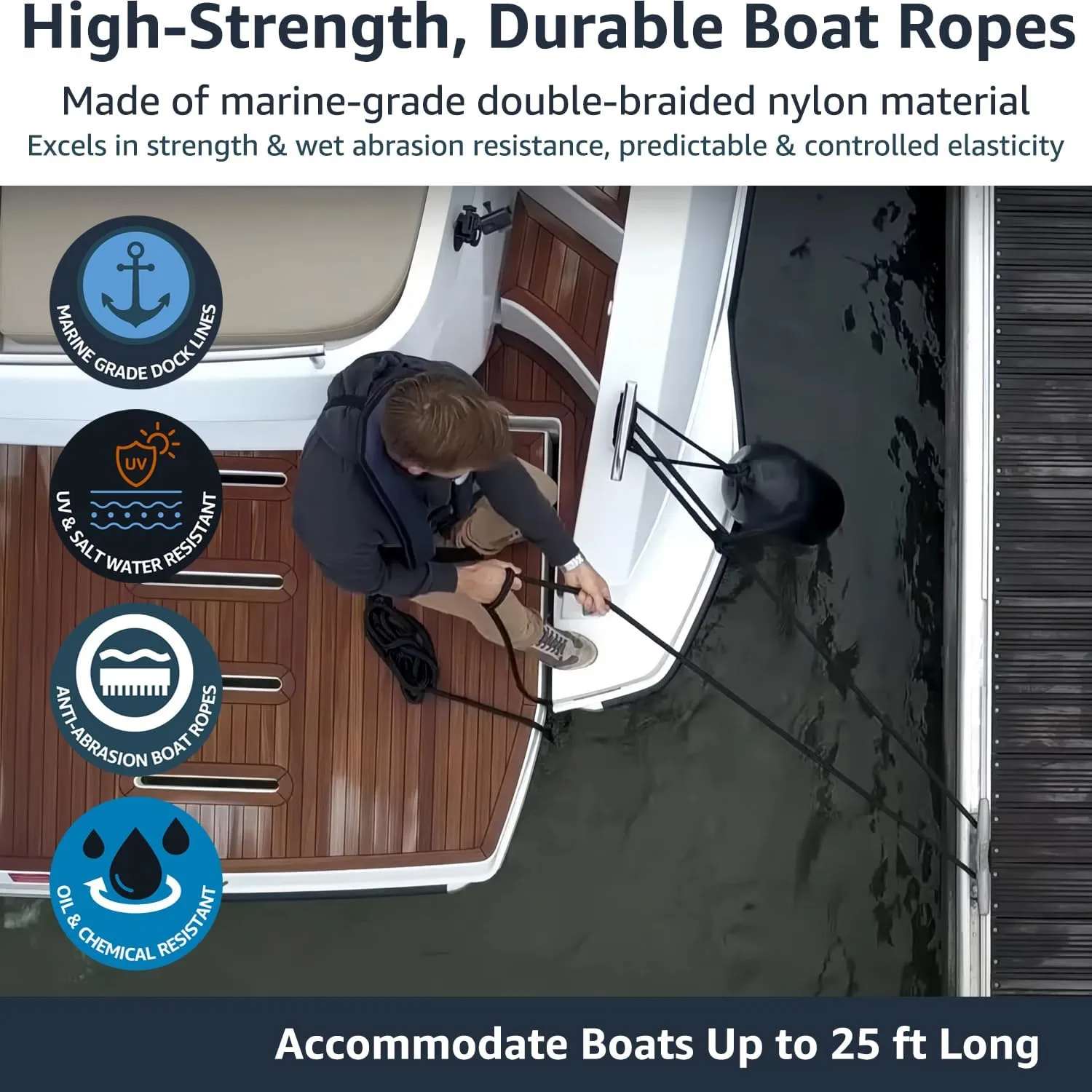 4 Pack Dock Lines 3/8" x 15' - Marine Grade Nylon Boat Ropes with 12" Eyelet for Docking and Mooring - Double Braided Boat Lines, High Strength, Easy Handling, Fray Resistant - Black