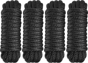 4 Pack Dock Lines 3/8" x 15' - Marine Grade Nylon Boat Ropes with 12" Eyelet for Docking and Mooring - Double Braided Boat Lines, High Strength, Easy Handling, Fray Resistant - Black