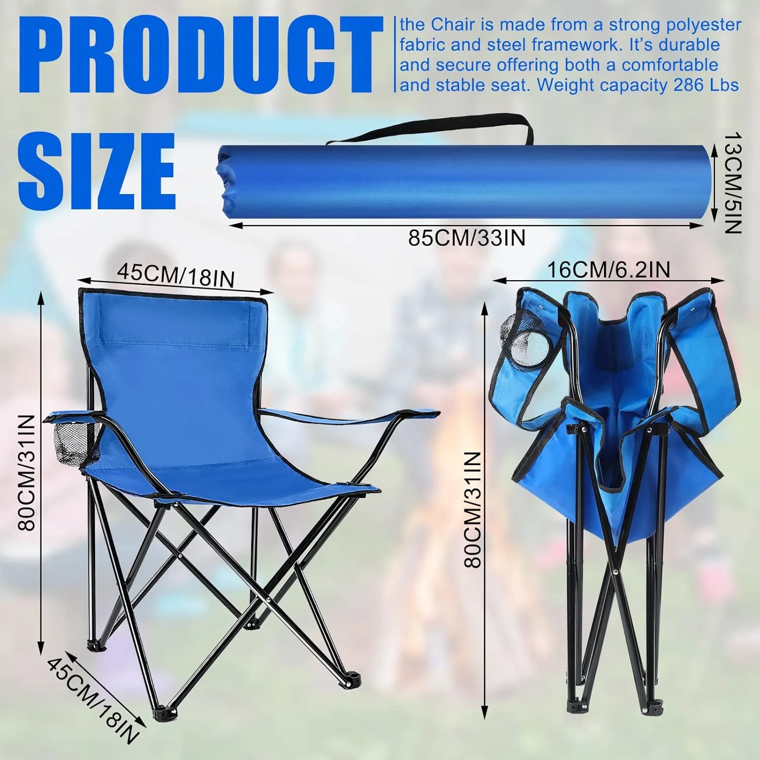 4 Pack Folding Camping Chairs with Carrying Bag Portable Lightweight Foldable Lawn Camp Beach Sports Chairs(19.7 x 19.7 x 31.5 Inch,Blue)