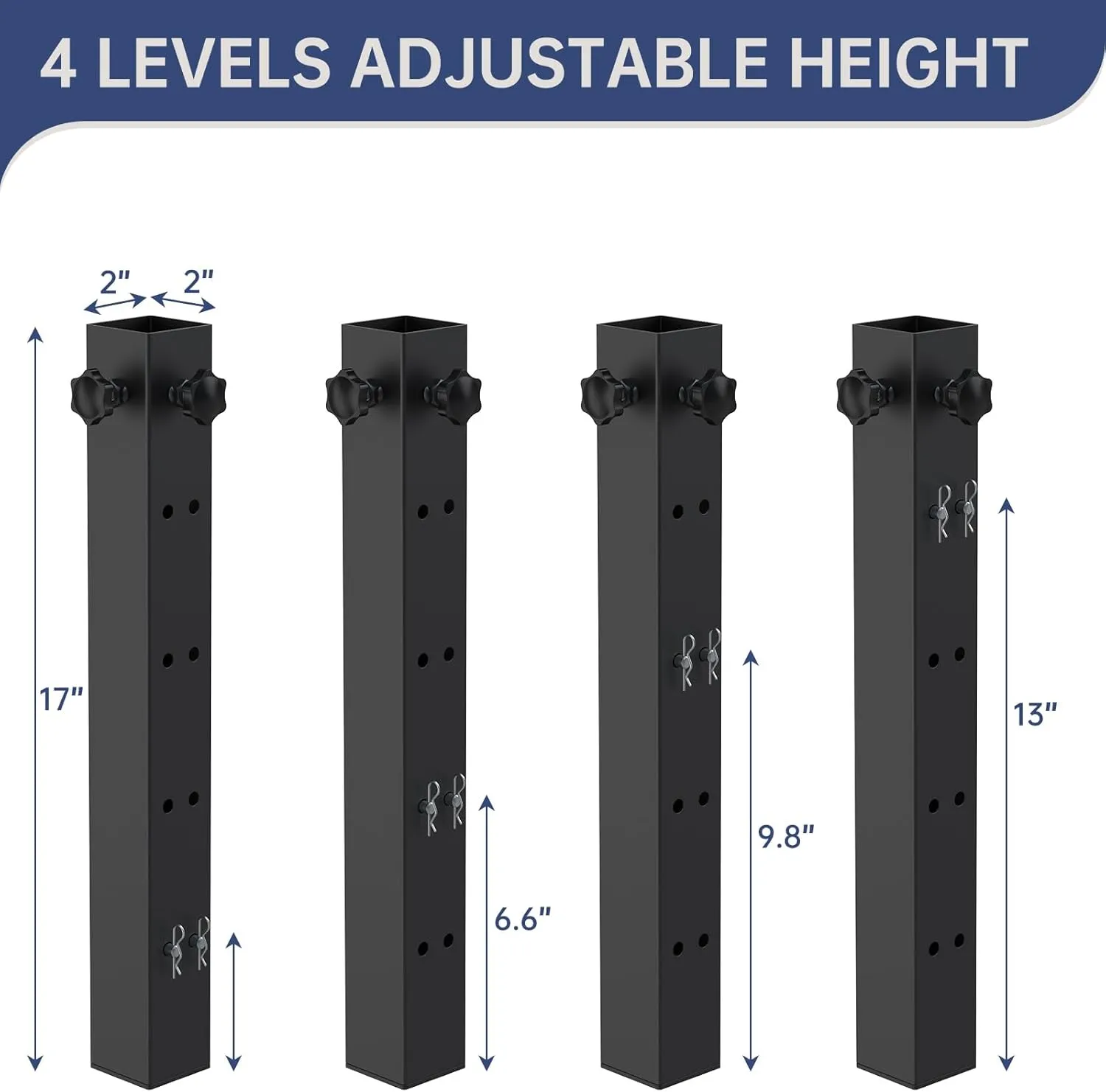 4 Pcs Table Leg Extenders for Folding Tables, 4 Levels/Heights Adjustable Folding Table Leg Extensions,Metal Square Folding Table Leg Risers,Raise Table Height 3.4"/6.6"/9.8"/13"(Inner Diameter 1.86")