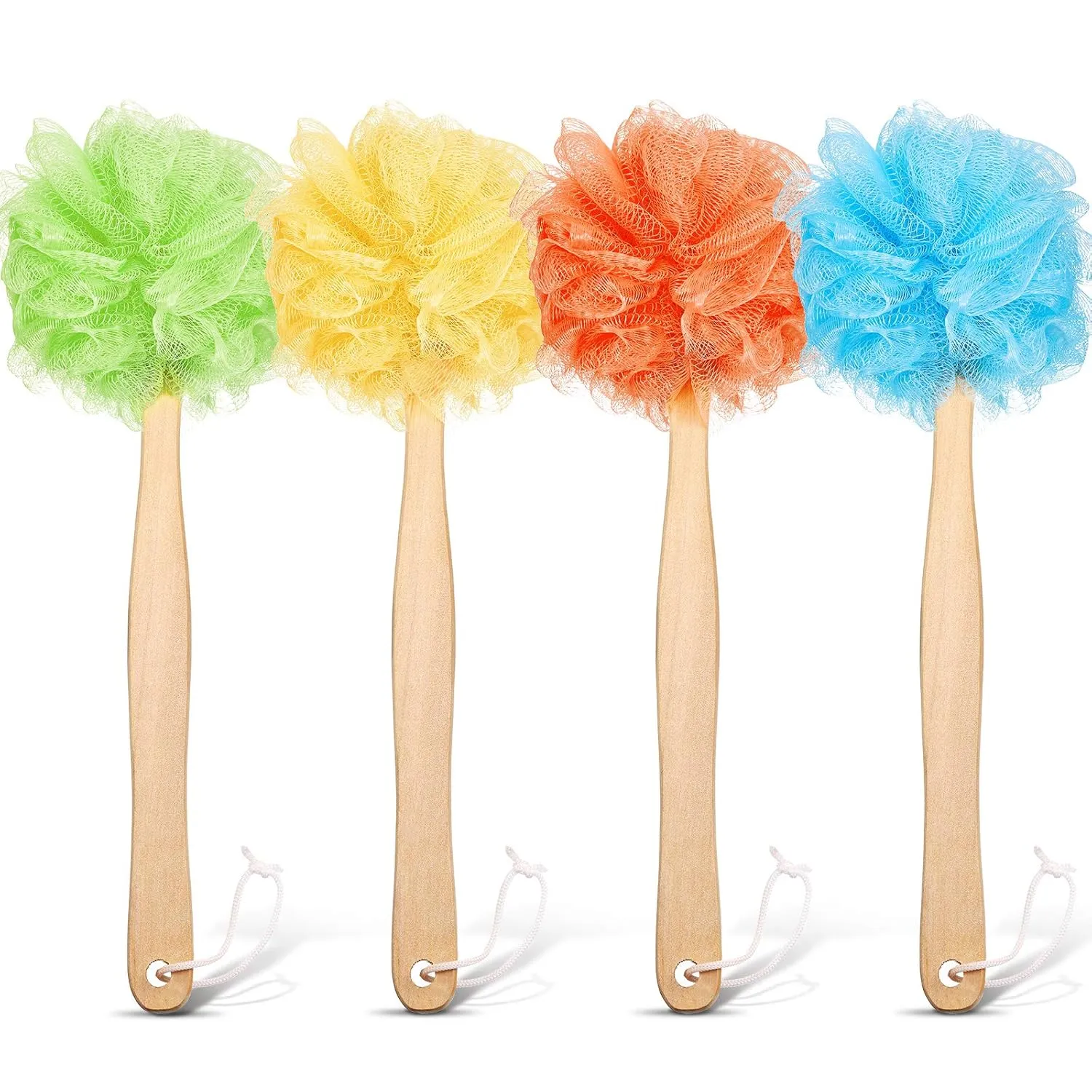 4 Pieces Loofah Back Scrubber Bath Sponge with Wooden Handle Long Handle Sponge Mesh on a Stick for Shower Exfoliating Bath Body Brush Luffa Back Brush for Women Men (Blue, Orange, Yellow, Green)