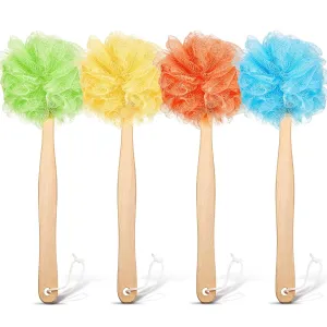 4 Pieces Loofah Back Scrubber Bath Sponge with Wooden Handle Long Handle Sponge Mesh on a Stick for Shower Exfoliating Bath Body Brush Luffa Back Brush for Women Men (Blue, Orange, Yellow, Green)