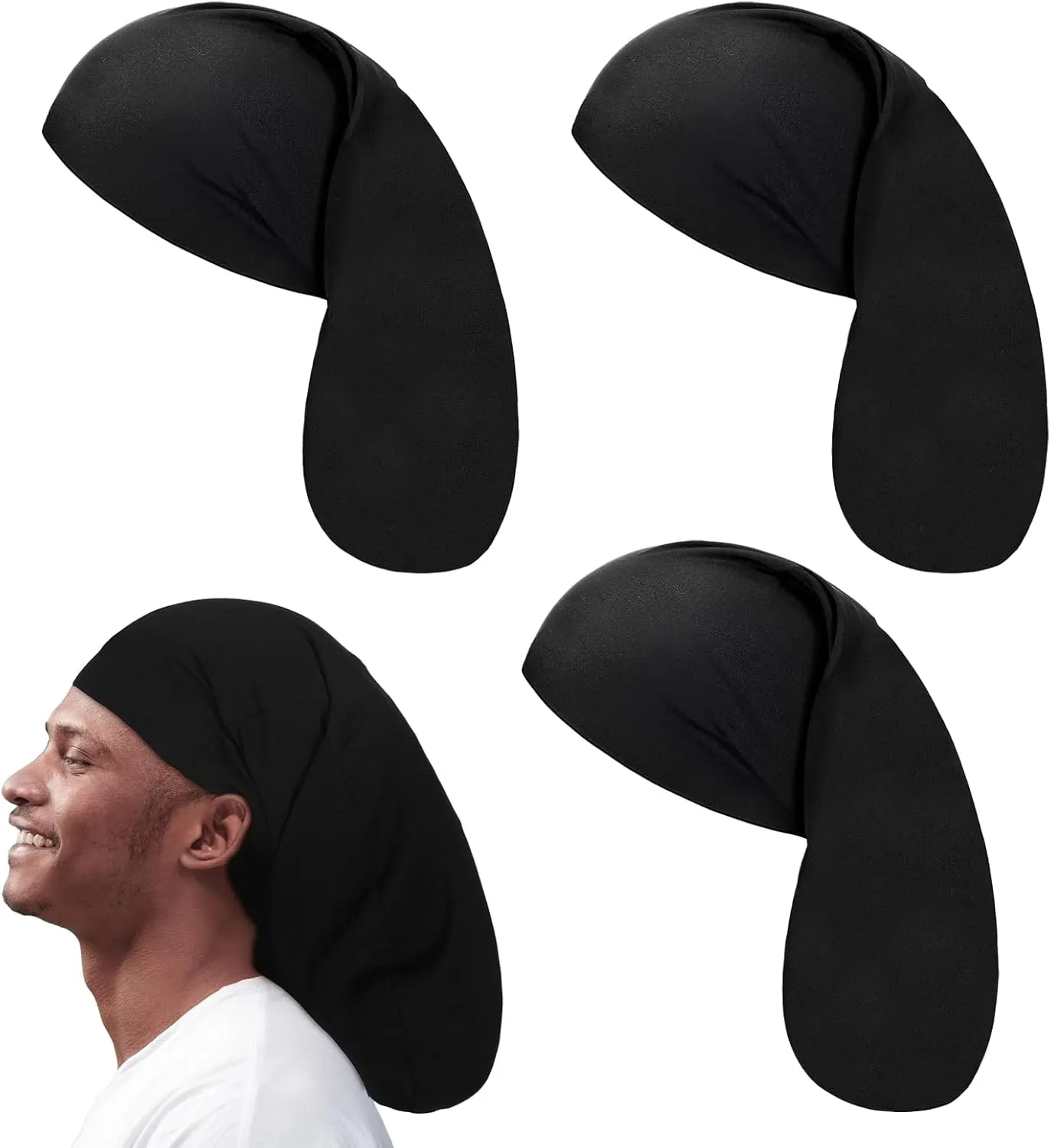 4 Pieces Unisex Jumbo Dreadlock Cap, Black Elastic Long Hair Bonnet Dreads Caps for Men Women, Loc Head Wraps Cap Hair Sleeve Full Cover Accessories, for Sleeping & Shower, 19 x 10 Inch