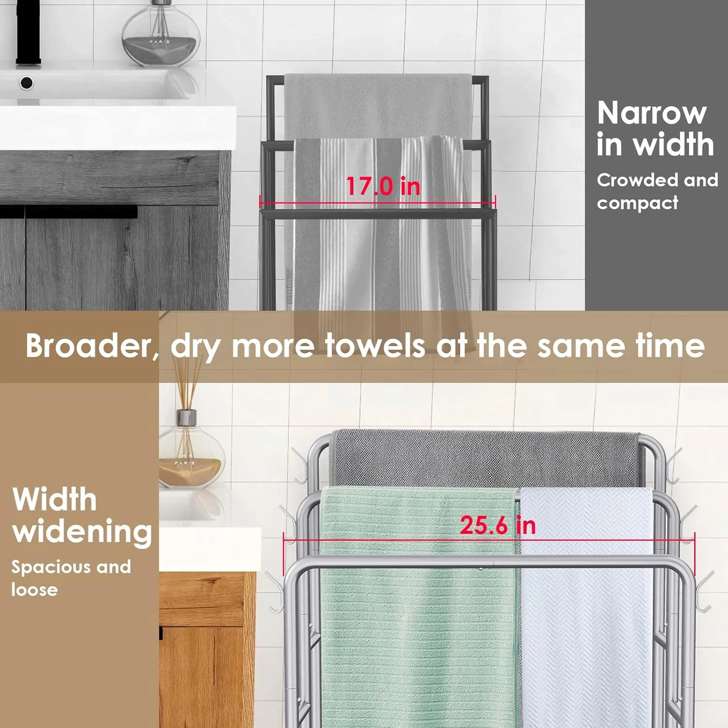 40" H Free Standing Towel Rack with 2 Storage Baskets & 6 Hooks, 3 Tier Silver Metal Towel Stand for Extra Large Towel, Modern Industrial Blanket Ladder Display and Drying Rack for Bedroom Bathroom