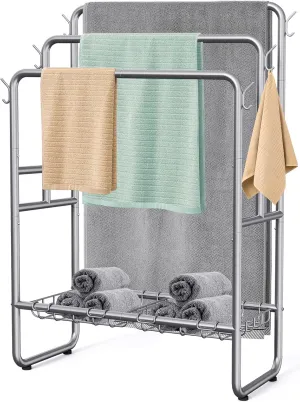 40" H Free Standing Towel Rack with 2 Storage Baskets & 6 Hooks, 3 Tier Silver Metal Towel Stand for Extra Large Towel, Modern Industrial Blanket Ladder Display and Drying Rack for Bedroom Bathroom