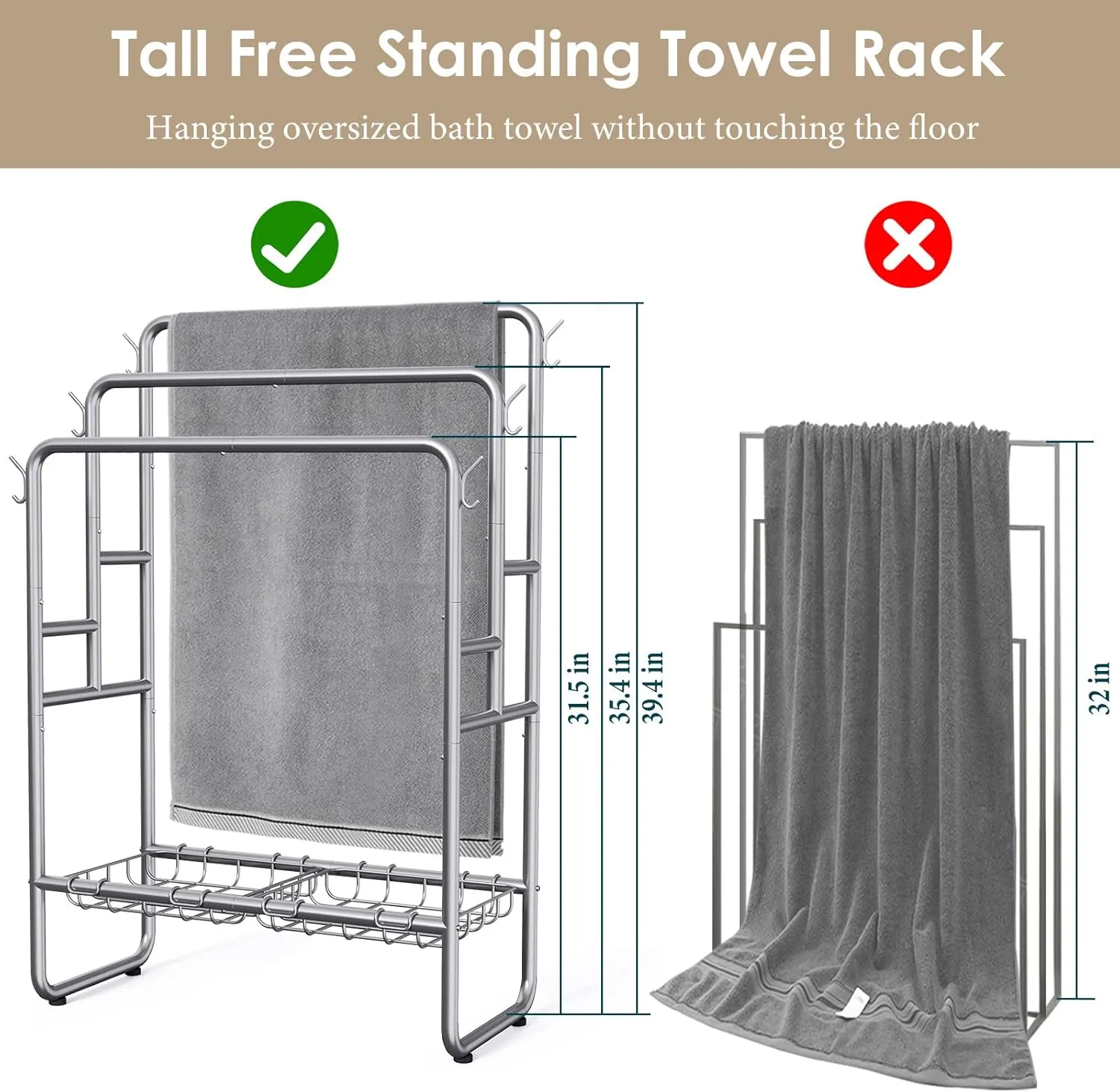 40" H Free Standing Towel Rack with 2 Storage Baskets & 6 Hooks, 3 Tier Silver Metal Towel Stand for Extra Large Towel, Modern Industrial Blanket Ladder Display and Drying Rack for Bedroom Bathroom
