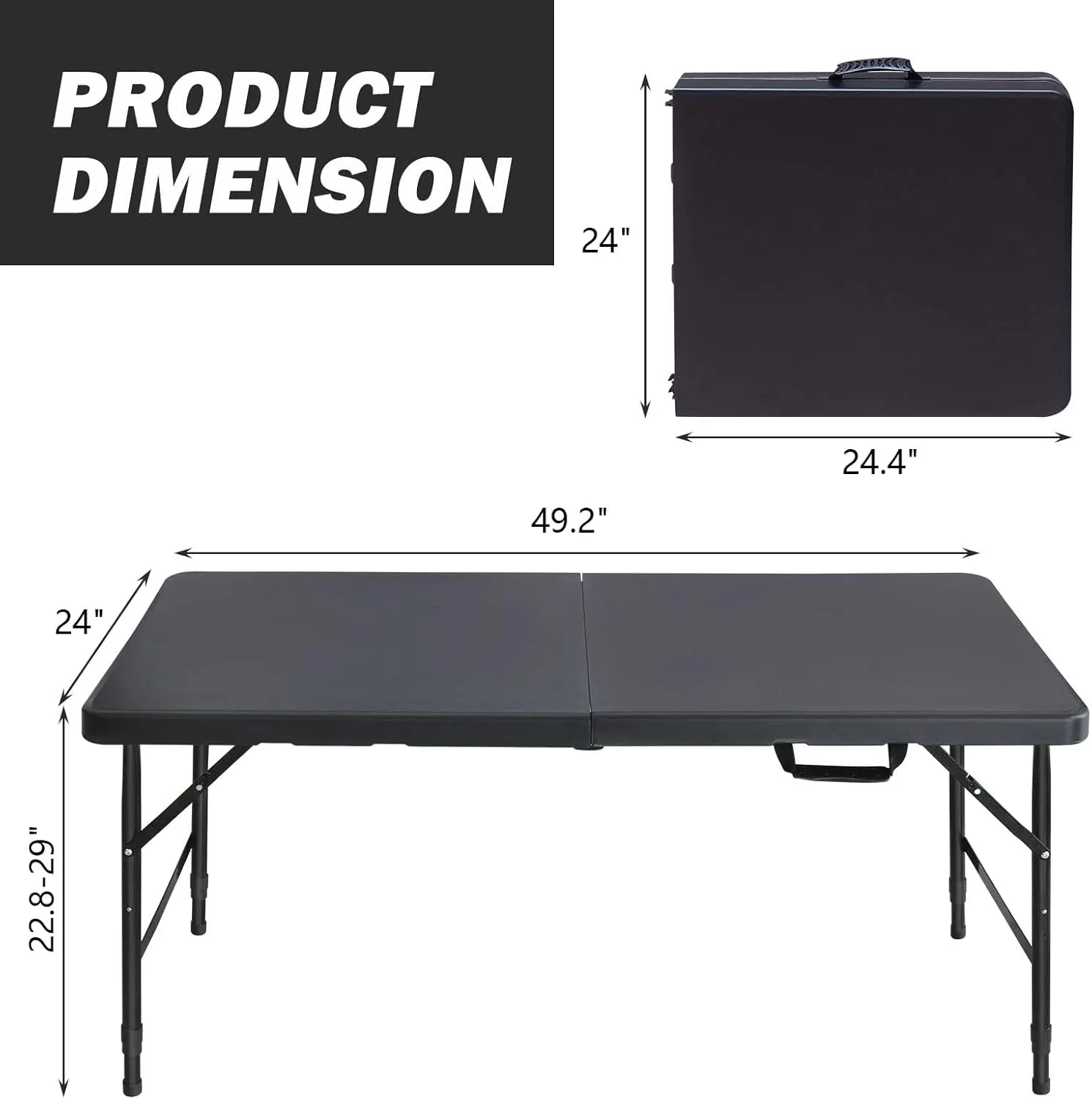4ft Black Folding Table, Portable Outdoor Heavy Duty Fold Up Table with Handle, Water Resistant Surface, Easy to Carry Fold-in-Half for Dining, Picnics, BBQs, Parties