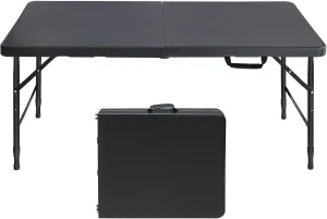 4ft Black Folding Table, Portable Outdoor Heavy Duty Fold Up Table with Handle, Water Resistant Surface, Easy to Carry Fold-in-Half for Dining, Picnics, BBQs, Parties