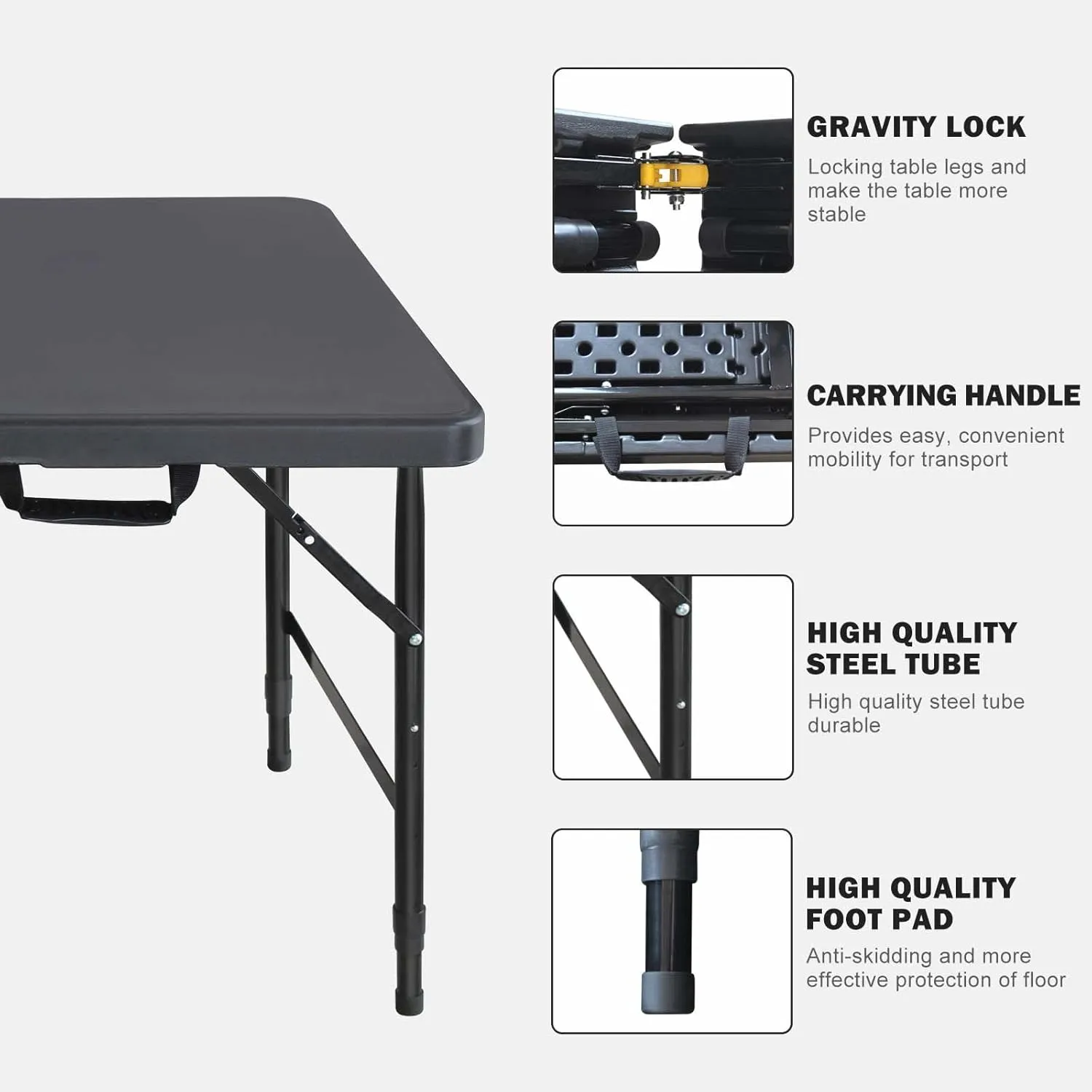 4ft Black Folding Table, Portable Outdoor Heavy Duty Fold Up Table with Handle, Water Resistant Surface, Easy to Carry Fold-in-Half for Dining, Picnics, BBQs, Parties