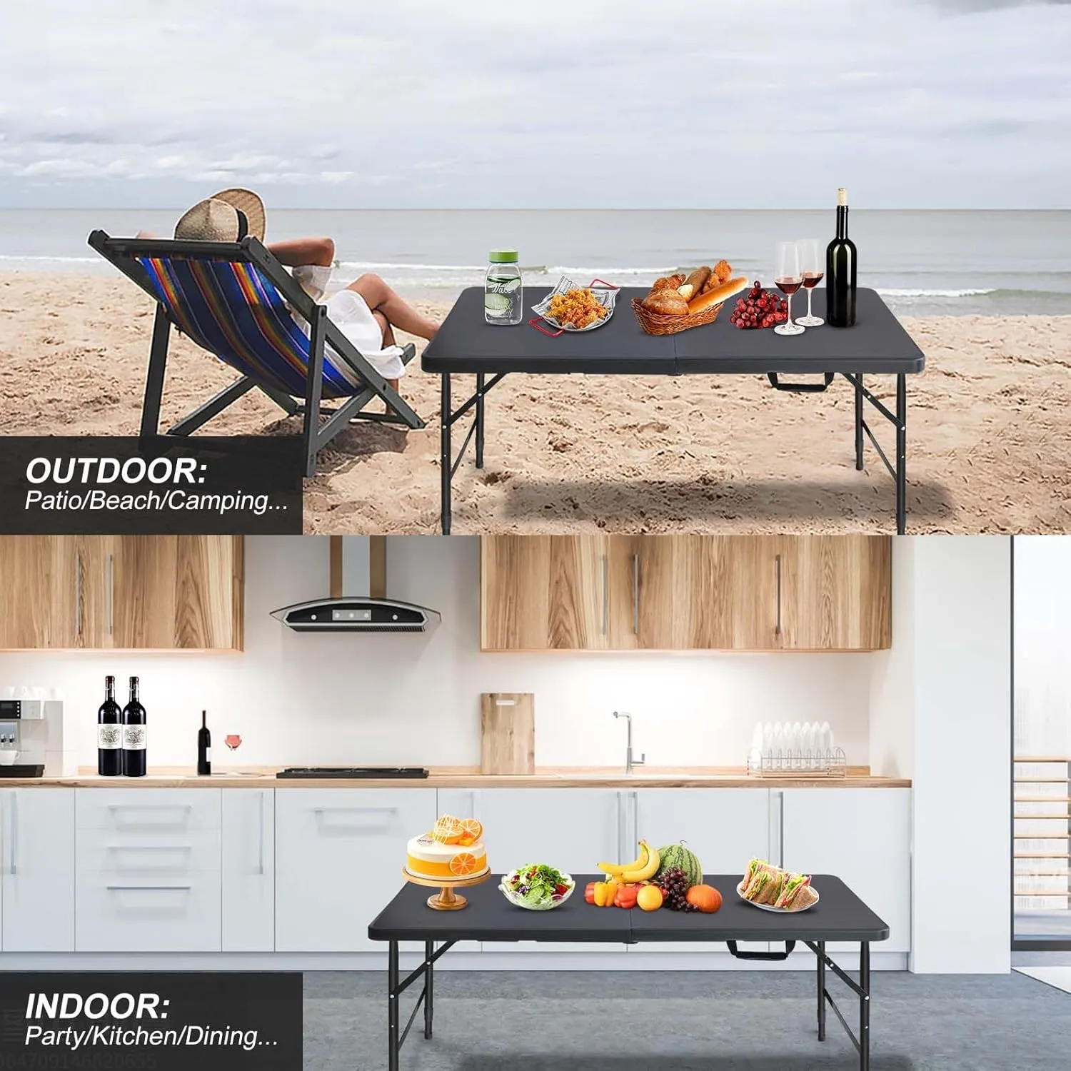 4ft Black Folding Table, Portable Outdoor Heavy Duty Fold Up Table with Handle, Water Resistant Surface, Easy to Carry Fold-in-Half for Dining, Picnics, BBQs, Parties