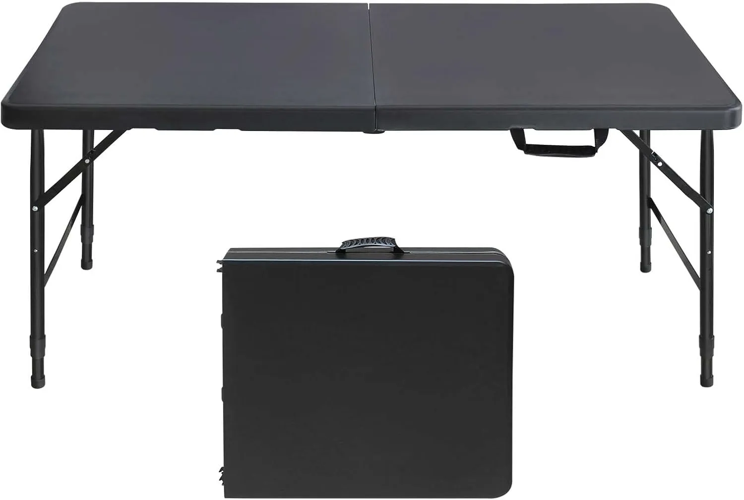4ft Black Folding Table, Portable Outdoor Heavy Duty Fold Up Table with Handle, Water Resistant Surface, Easy to Carry Fold-in-Half for Dining, Picnics, BBQs, Parties
