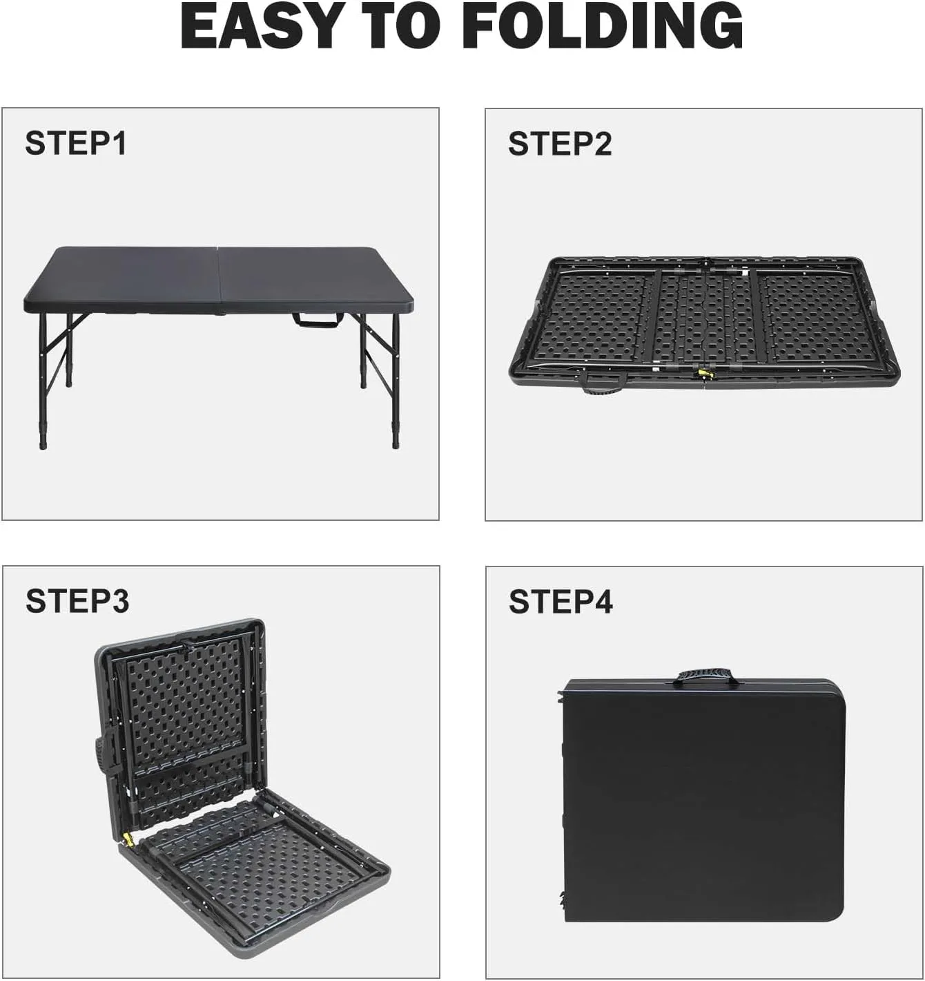 4ft Black Folding Table, Portable Outdoor Heavy Duty Fold Up Table with Handle, Water Resistant Surface, Easy to Carry Fold-in-Half for Dining, Picnics, BBQs, Parties