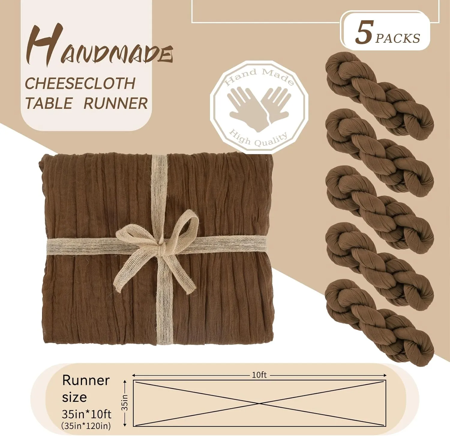 5 Packs Cheesecloth Table Brown, 10Ft x 35'' Rustic Gauze Boho Wedding Table Runner Decoration, Wedding Table Decor Table Cloth for Wedding Party Bridal Shower Table
