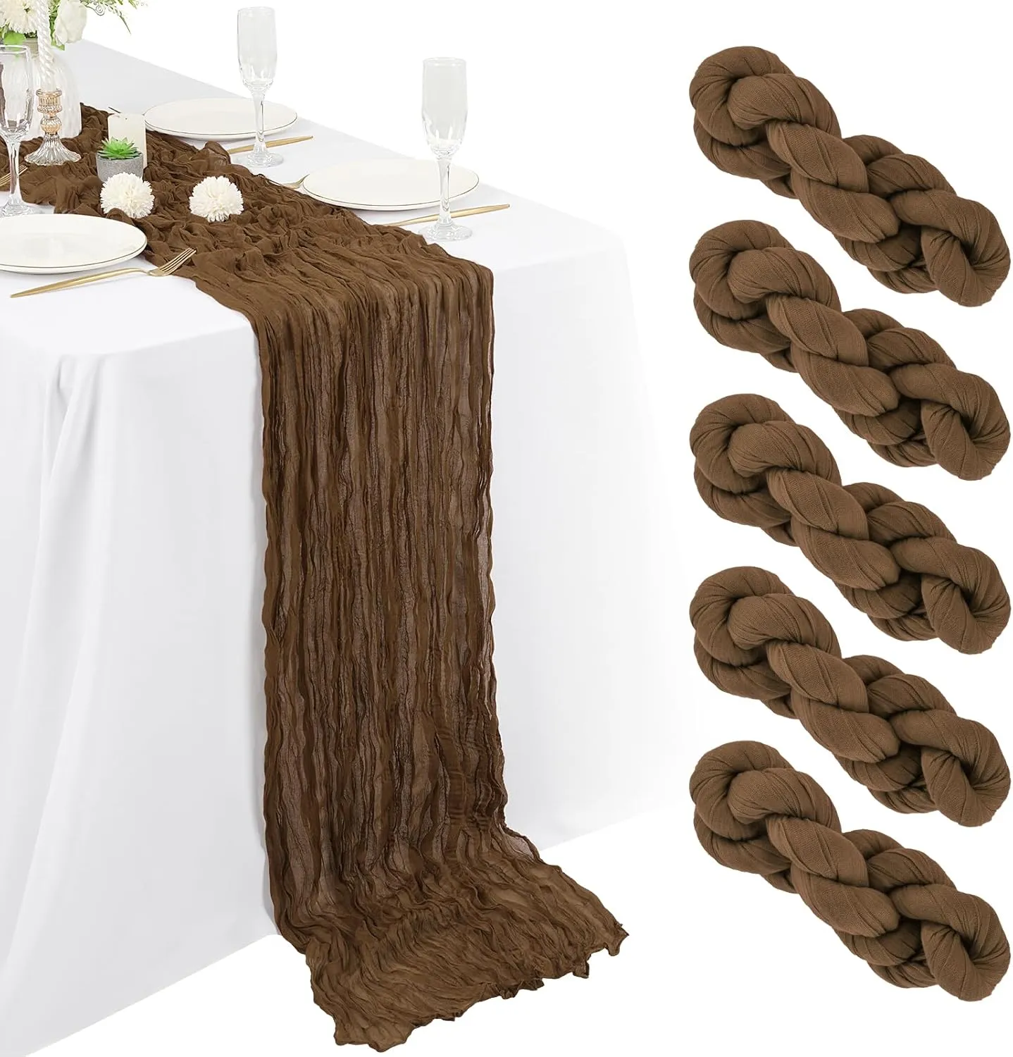 5 Packs Cheesecloth Table Brown, 10Ft x 35'' Rustic Gauze Boho Wedding Table Runner Decoration, Wedding Table Decor Table Cloth for Wedding Party Bridal Shower Table