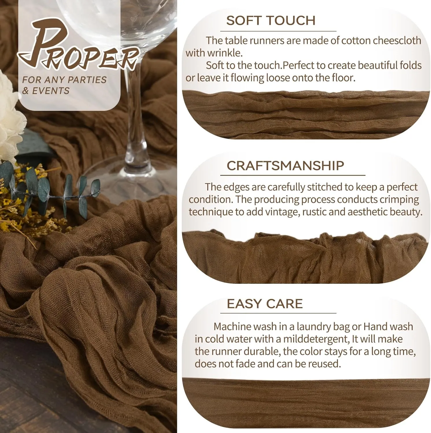 5 Packs Cheesecloth Table Brown, 10Ft x 35'' Rustic Gauze Boho Wedding Table Runner Decoration, Wedding Table Decor Table Cloth for Wedding Party Bridal Shower Table
