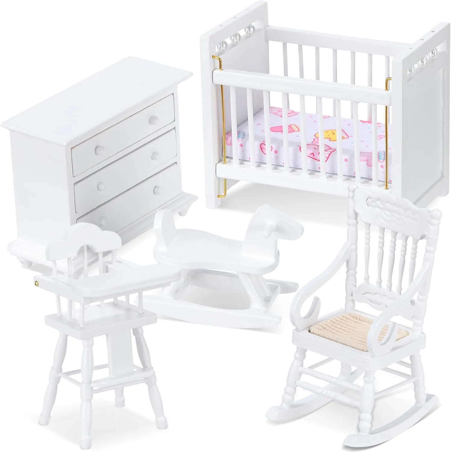 5 Pcs 1: 12 Scale Wooden Dollhouse Furniture Set Miniature Wood Bedroom Furniture Wooden Dollhouse Accessories Encourage Creative and Imaginative Play for Kid Miniature Bathroom(White)